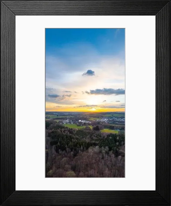 Framed Print : Sunset, Aerial view over forests and meadows of Westerwald, Altenkirchen, Germany Framed Print : Sunset, Aerial view over forests and meadows of Westerwald, Altenkirchen, Germany