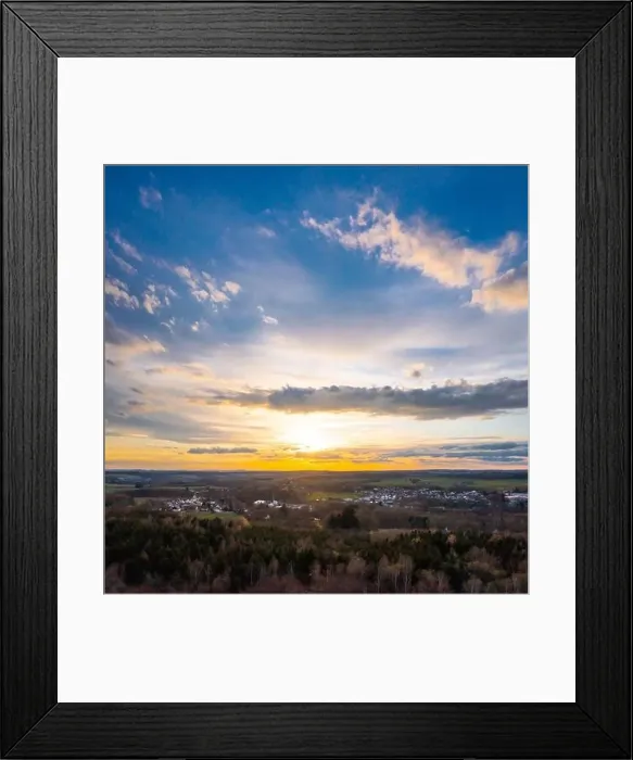 Framed Print : Sunset, Aerial view over forests and meadows of Westerwald, Altenkirchen, Germany Framed Print : Sunset, Aerial view over forests and meadows of Westerwald, Altenkirchen, Germany