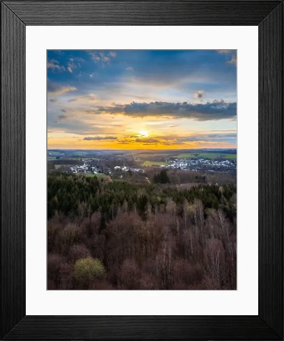 Framed Print : Sunset, Aerial view over forests and meadows of Westerwald, Altenkirchen, Germany Framed Print : Sunset, Aerial view over forests and meadows of Westerwald, Altenkirchen, Germany