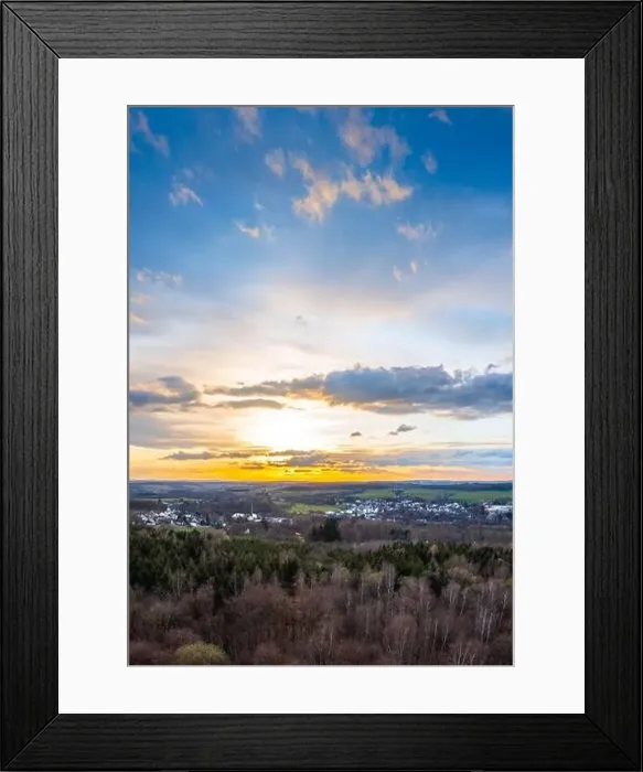 Framed Print : Sunset, Aerial view over forests and meadows of Westerwald, Altenkirchen, Germany Framed Print : Sunset, Aerial view over forests and meadows of Westerwald, Altenkirchen, Germany