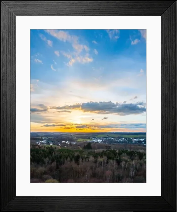 Framed Print : Sunset, Aerial view over forests and meadows of Westerwald, Altenkirchen, Germany Framed Print : Sunset, Aerial view over forests and meadows of Westerwald, Altenkirchen, Germany