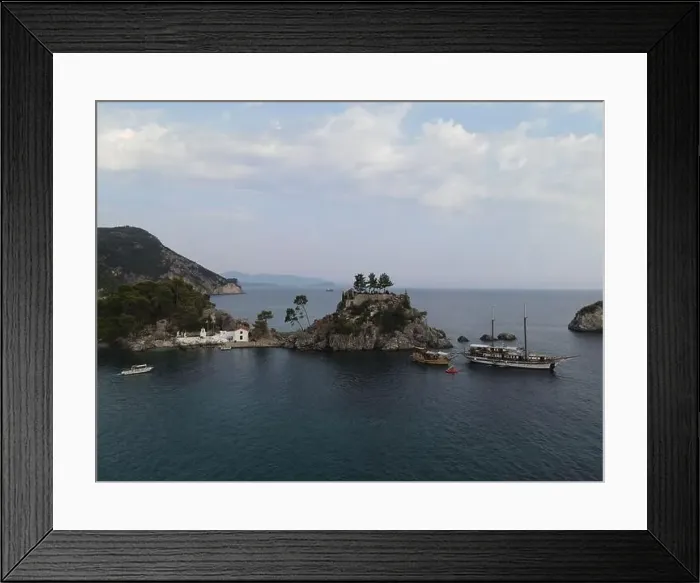 Framed Print : Aerial View Pirate Ships Near Island Of Panagia In Famous Tourist Destination Parga Town The Greek Caribbean Of Epirus