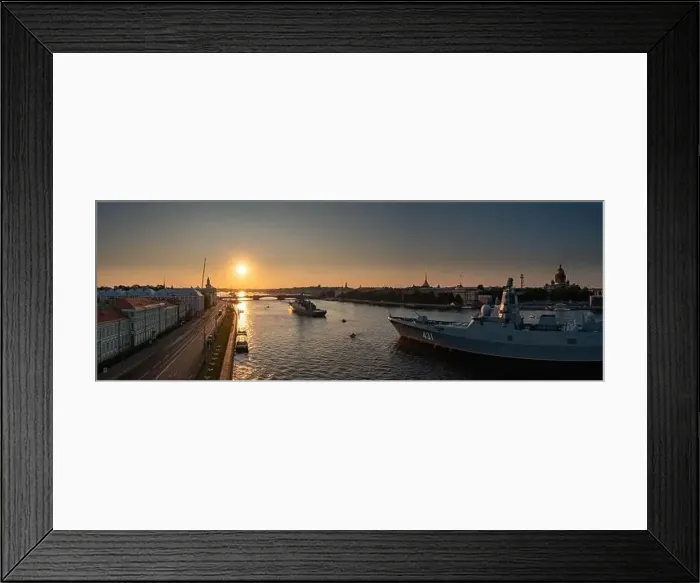 Framed Print : Aerial panoramic landscape of warships in the waters of the Neva River before the holiday of the Russian Navy Framed Print : Aerial panoramic landscape of warships in the waters of the Neva River before the holiday of the Russian Navy