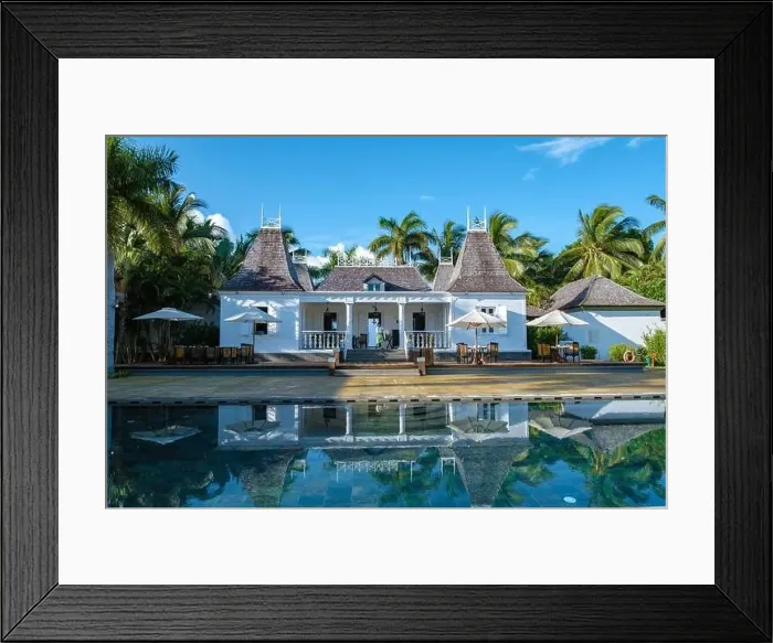 Framed Print : Old planttation house with swimming pool and beach chairs by the ocean, drone aerial view of historical plantation house Framed Print : Old planttation house with swimming pool and beach chairs by the ocean, drone aerial view of historical plantation house