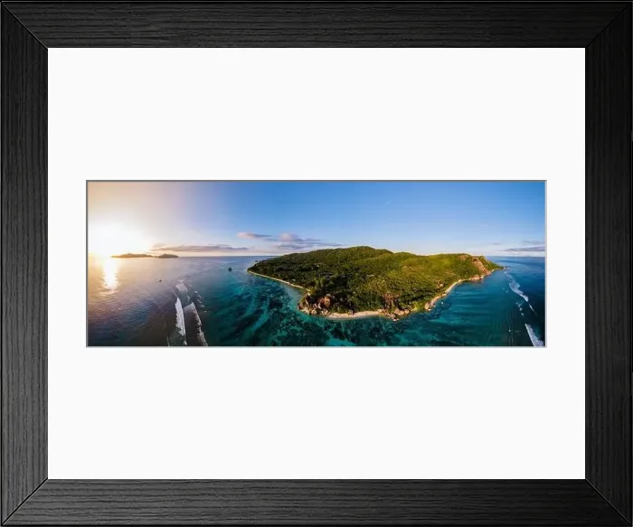 Framed Print : Anse Source d'Argent beach, La Digue Island, Seyshelles, Drone aerial view of La Digue Seychelles bird eye view