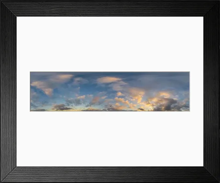 Framed Print : Dark blue sunset sky panorama with golden Cumulus clouds Framed Print : Dark blue sunset sky panorama with golden Cumulus clouds