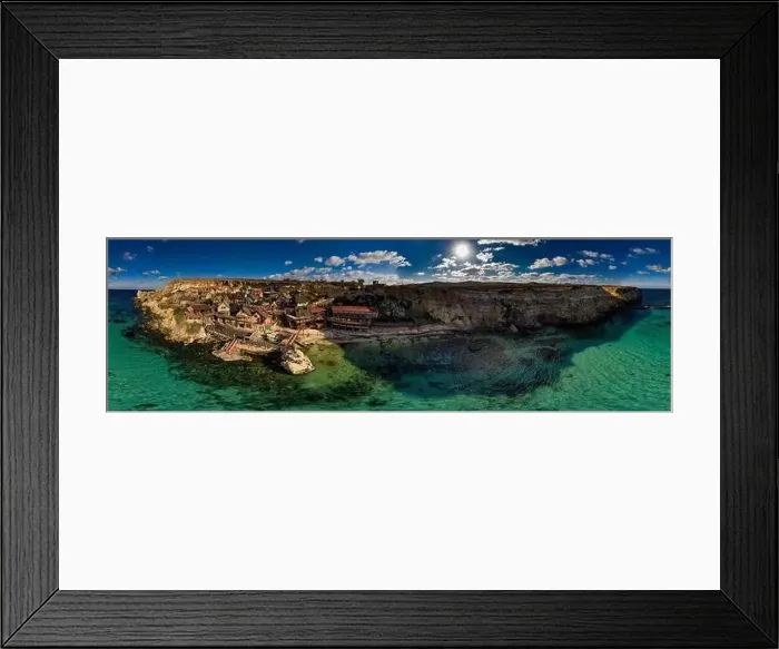 Framed Print : 360 wide angle drone shot of seascape and landscape Framed Print : 360 wide angle drone shot of seascape and landscape