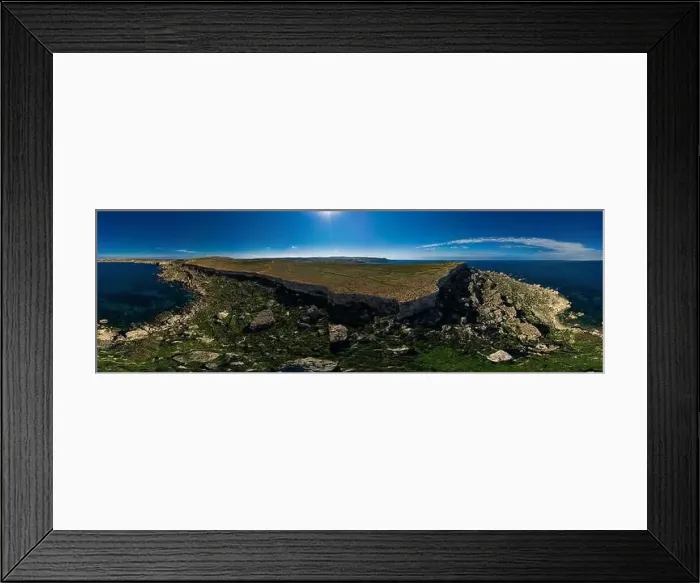 Framed Print : 360 wide angle drone shot of seascape and landscape Framed Print : 360 wide angle drone shot of seascape and landscape
