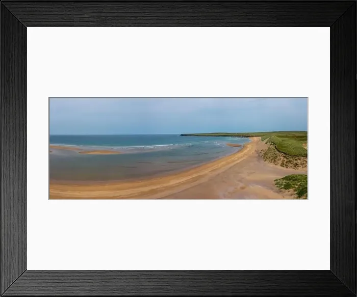 Framed Print : A panorama drone landscape view of the beautiful golden sand beach at Lacken Strand on the coast of North Mayo in Framed Print : A panorama drone landscape view of the beautiful golden sand beach at Lacken Strand on the coast of North Mayo in