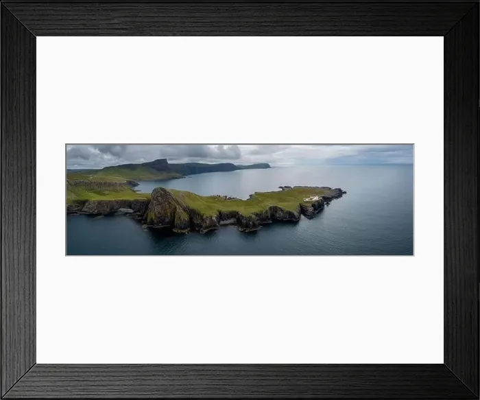 Framed Print : A panorama drone view of the Neist Point Lighthouse and the Minch on the western coast of Isle of Skye Framed Print : A panorama drone view of the Neist Point Lighthouse and the Minch on the western coast of Isle of Skye