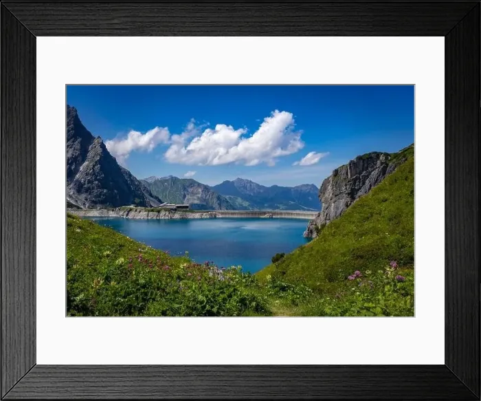 Framed Print : Wonderful landscape at the Luenersee with dam wall and rocks in Vorarlberg, Austria Framed Print : Wonderful landscape at the Luenersee with dam wall and rocks in Vorarlberg, Austria