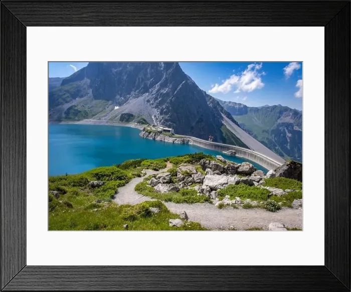 Framed Print : Wonderful landscape at the Luenersee with dam wall and rocks in Vorarlberg, Austria Framed Print : Wonderful landscape at the Luenersee with dam wall and rocks in Vorarlberg, Austria