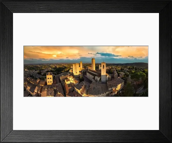 Framed Print : San Gimignano - one of the most beautiful medieval towns in Tuscany, Italy. aerial view of towers over sunset Framed Print : San Gimignano - one of the most beautiful medieval towns in Tuscany, Italy. aerial view of towers over sunset