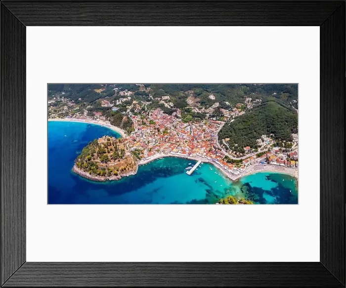 Framed Print : Aerial drone view of Parga colorful town with venetian castle and beach Valtos Framed Print : Aerial drone view of Parga colorful town with venetian castle and beach Valtos
