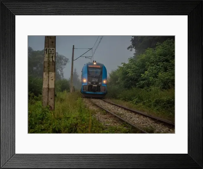 Framed Print : Mist morning with electric trains in Rajcza town with Sola river in middle of summer Framed Print : Mist morning with electric trains in Rajcza town with Sola river in middle of summer
