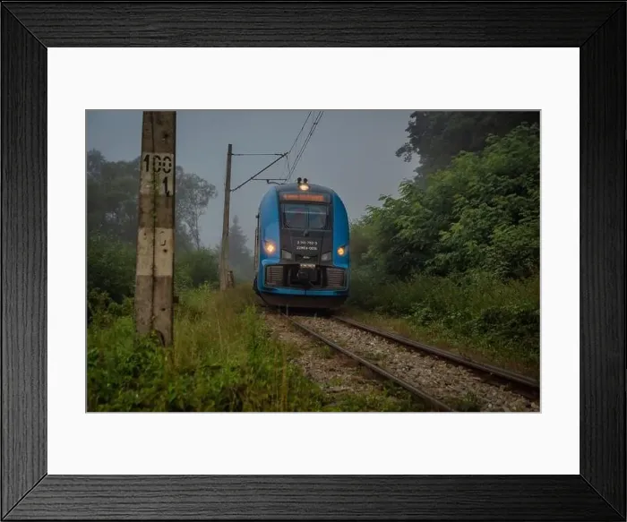 Framed Print : Mist morning with electric trains in Rajcza town with Sola river in middle of summer