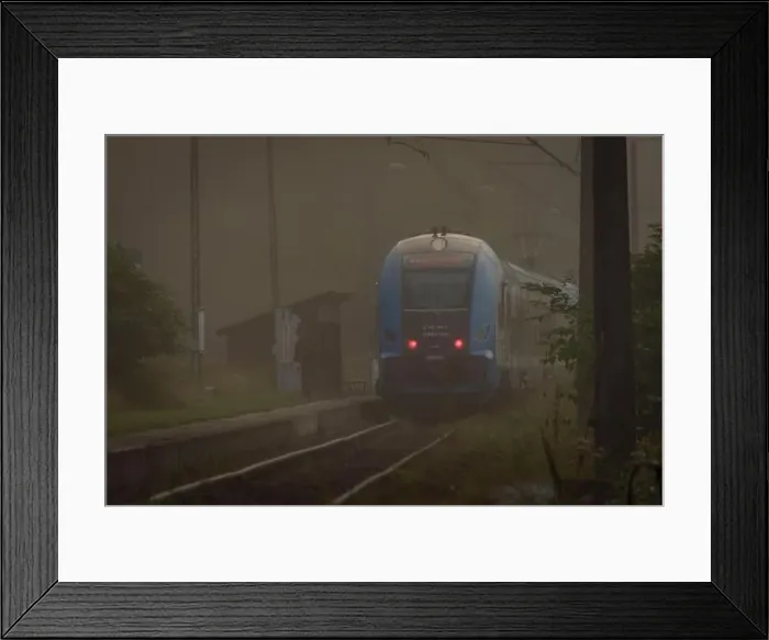 Framed Print : Mist morning with electric trains in Rajcza town with Sola river in middle of summer Framed Print : Mist morning with electric trains in Rajcza town with Sola river in middle of summer