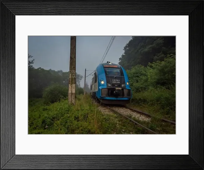 Framed Print : Mist morning with electric trains in Rajcza town with Sola river in middle of summer
