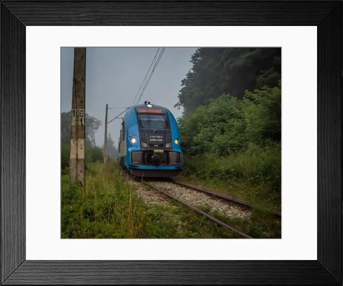 Framed Print : Mist morning with electric trains in Rajcza town with Sola river in middle of summer Framed Print : Mist morning with electric trains in Rajcza town with Sola river in middle of summer