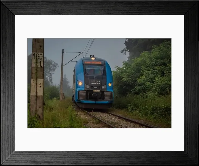 Framed Print : Mist morning with electric trains in Rajcza town with Sola river in middle of summer Framed Print : Mist morning with electric trains in Rajcza town with Sola river in middle of summer