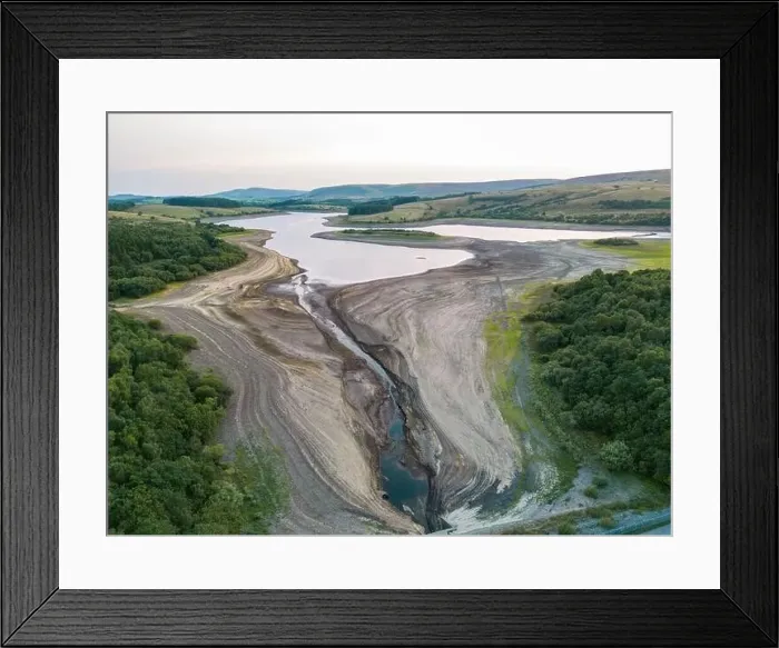 Framed Print : Drought conditions are shown through drone shots of Stocks Reservoir Hodder valley in the Forest of Bowland Framed Print : Drought conditions are shown through drone shots of Stocks Reservoir Hodder valley in the Forest of Bowland
