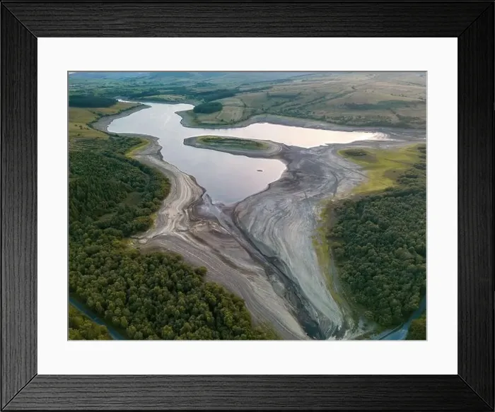 Framed Print : Drought conditions are shown through drone shots of Stocks Reservoir Hodder valley in the Forest of Bowland Framed Print : Drought conditions are shown through drone shots of Stocks Reservoir Hodder valley in the Forest of Bowland