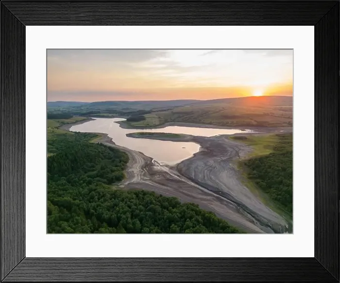 Framed Print : Drought conditions are shown through drone shots of Stocks Reservoir Hodder valley in the Forest of Bowland Framed Print : Drought conditions are shown through drone shots of Stocks Reservoir Hodder valley in the Forest of Bowland