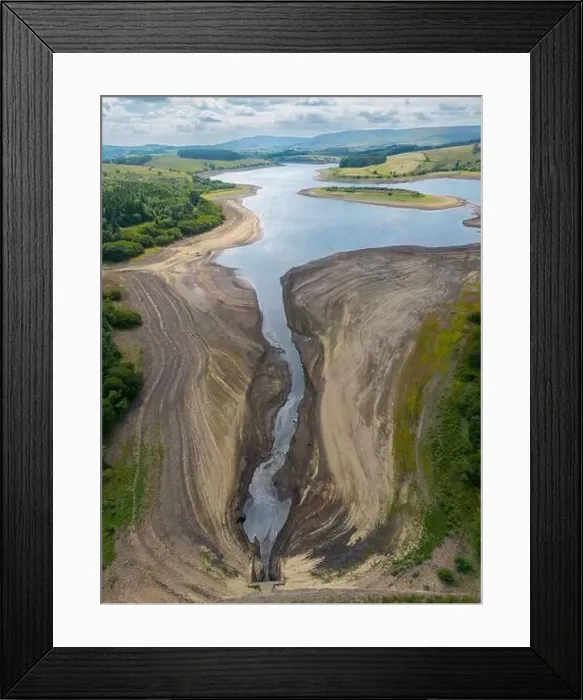 Framed Print : Drought conditions are shown through drone shots of Stocks Reservoir Hodder valley in the Forest of Bowland Framed Print : Drought conditions are shown through drone shots of Stocks Reservoir Hodder valley in the Forest of Bowland