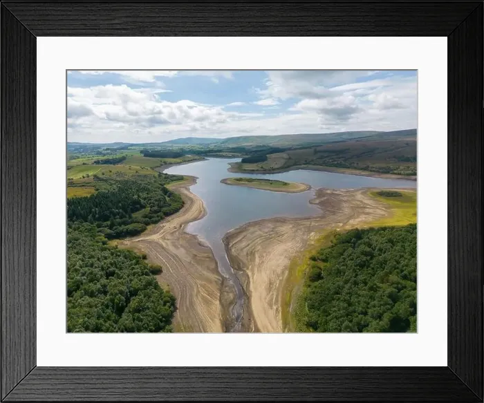 Framed Print : Drought conditions are shown through drone shots of Stocks Reservoir Hodder valley in the Forest of Bowland Framed Print : Drought conditions are shown through drone shots of Stocks Reservoir Hodder valley in the Forest of Bowland