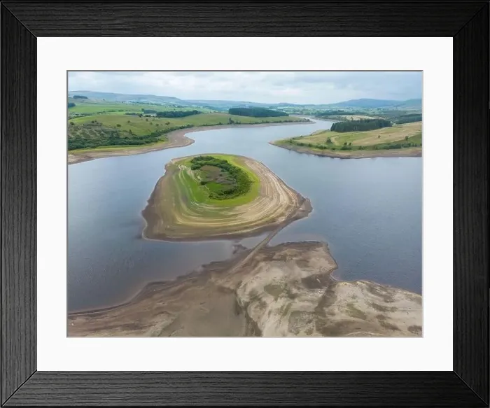 Framed Print : Drought conditions are shown through drone shots of Stocks Reservoir Hodder valley in the Forest of Bowland Framed Print : Drought conditions are shown through drone shots of Stocks Reservoir Hodder valley in the Forest of Bowland