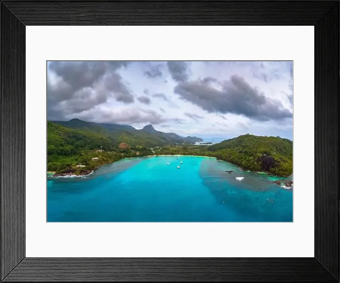 Framed Print : Aerial view of Mahe island with yachts, mountains and Indian Ocean in Seychelles Framed Print : Aerial view of Mahe island with yachts, mountains and Indian Ocean in Seychelles