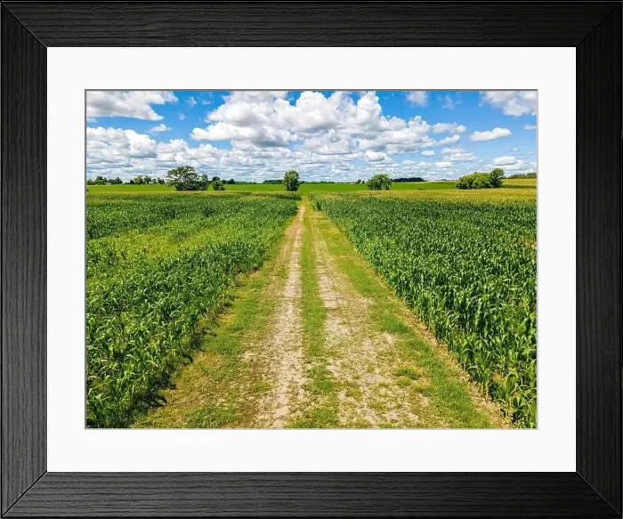 Framed Print : Hot summer day with a cloudy blue sky with farm fields and the small road between them in rural wisconsin Framed Print : Hot summer day with a cloudy blue sky with farm fields and the small road between them in rural wisconsin