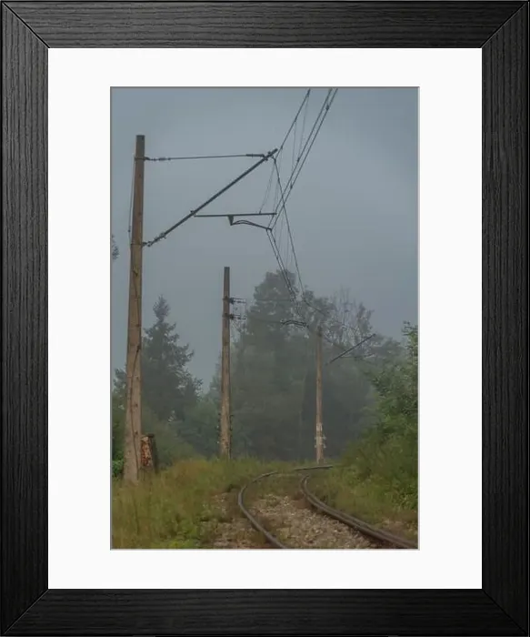 Framed Print : Mist morning with electric railway in Rajcza town with Sola river in middle of summer Framed Print : Mist morning with electric railway in Rajcza town with Sola river in middle of summer