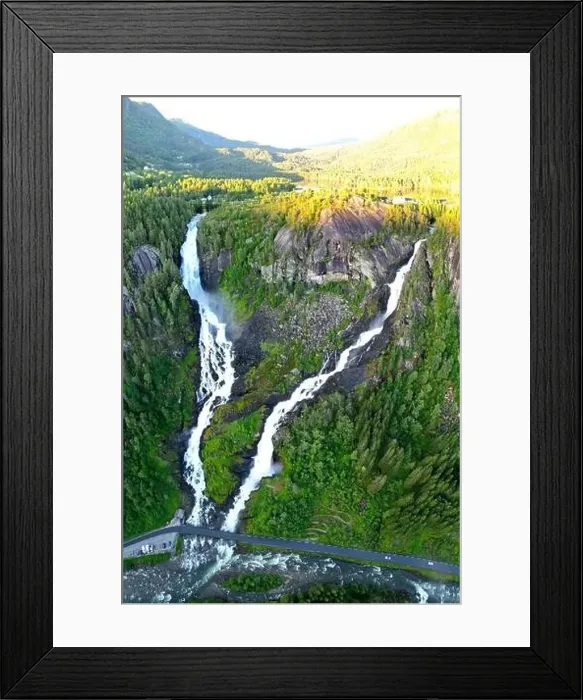 Framed Print : Skare waterfall near road in Norway aerial panorama in Europe Framed Print : Skare waterfall near road in Norway aerial panorama in Europe