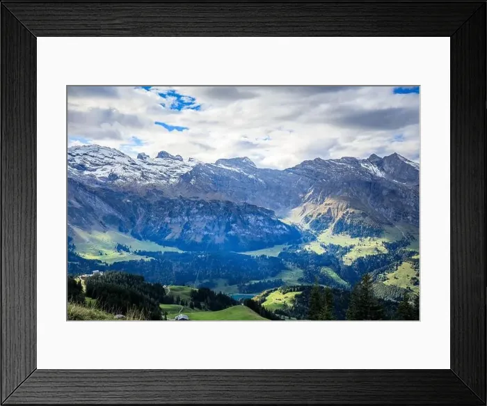 Framed Print : Hiking near Engelberg with a view of the Swiss Alps, summer Framed Print : Hiking near Engelberg with a view of the Swiss Alps, summer