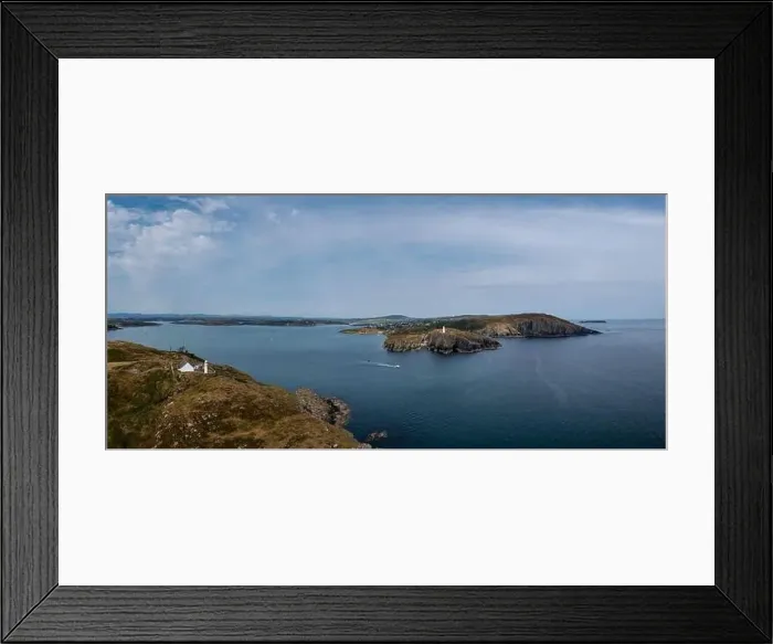 Framed Print : A panorama view of the entrance to the Baltimore Harbor in West Cork with teh Sherkin Island Lighthouse Framed Print : A panorama view of the entrance to the Baltimore Harbor in West Cork with teh Sherkin Island Lighthouse