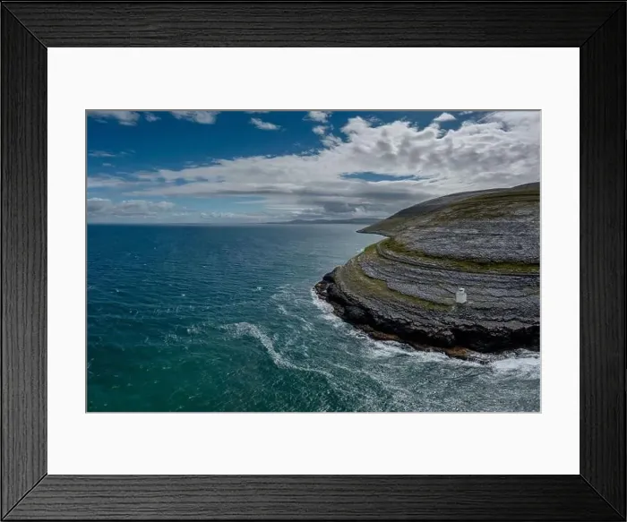 Framed Print : An aerial view of the Burren Coast in County Clare with the Black Head Lighthouse on the rocky point Framed Print : An aerial view of the Burren Coast in County Clare with the Black Head Lighthouse on the rocky point