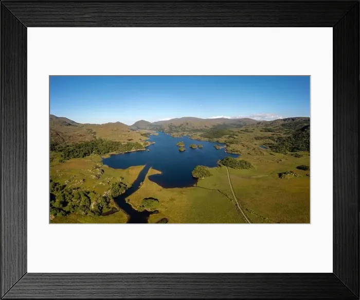 Framed Print : Aerial view of the Owengarriff River and Upper Lake in Killarney National Park in County Kerry Framed Print : Aerial view of the Owengarriff River and Upper Lake in Killarney National Park in County Kerry