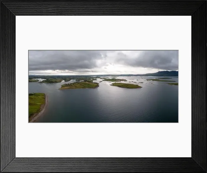 Framed Print : drone panorama landscape of Rosmoney Pier and marina and the drumlin islands of Clew Bay Framed Print : drone panorama landscape of Rosmoney Pier and marina and the drumlin islands of Clew Bay