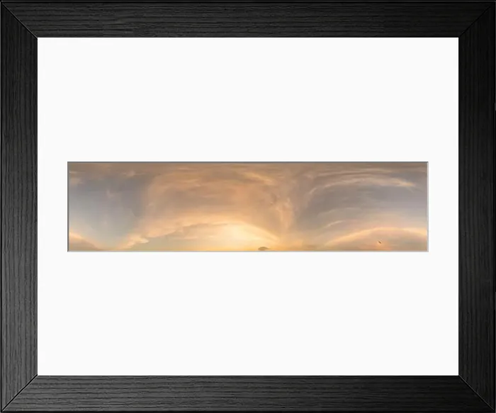 Framed Print : Golden glowing sunset sky panorama with Cirrus clouds Framed Print : Golden glowing sunset sky panorama with Cirrus clouds