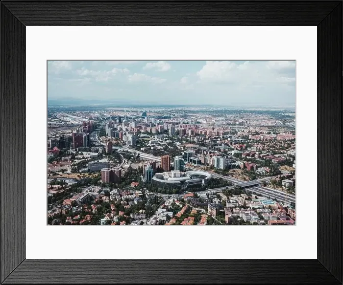 Framed Print : From above aerial drone view shot of city with dense infrastructure in Madrid, Spain