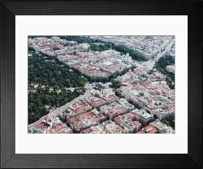 Framed Print : From above aerial drone view shot of city with dense infrastructure in Madrid, Spain Framed Print : From above aerial drone view shot of city with dense infrastructure in Madrid, Spain