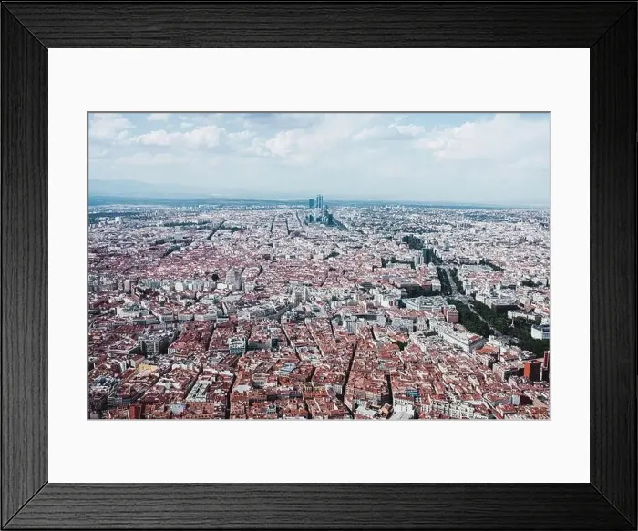 Framed Print : From above aerial drone view shot of city with dense infrastructure in Madrid, Spain Framed Print : From above aerial drone view shot of city with dense infrastructure in Madrid, Spain