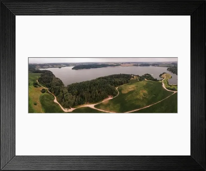 Framed Print : Aerial view panorama of green summer forest, corn fields and blue lake. Rural landscape Framed Print : Aerial view panorama of green summer forest, corn fields and blue lake. Rural landscape