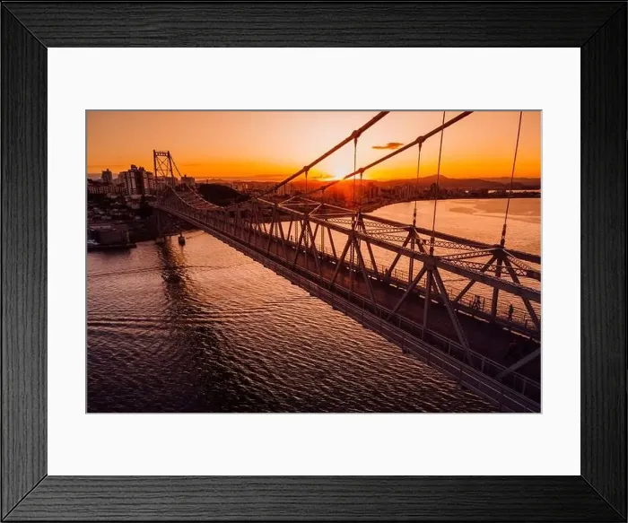 Framed Print : Cable stayed bridge with sunset sky in Florianopolis, Brazil. Aerial drone view Framed Print : Cable stayed bridge with sunset sky in Florianopolis, Brazil. Aerial drone view