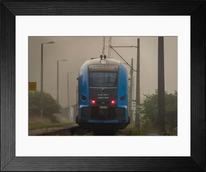 Framed Print : Mist morning with electric trains in Rajcza town with Sola river in middle of summer Framed Print : Mist morning with electric trains in Rajcza town with Sola river in middle of summer