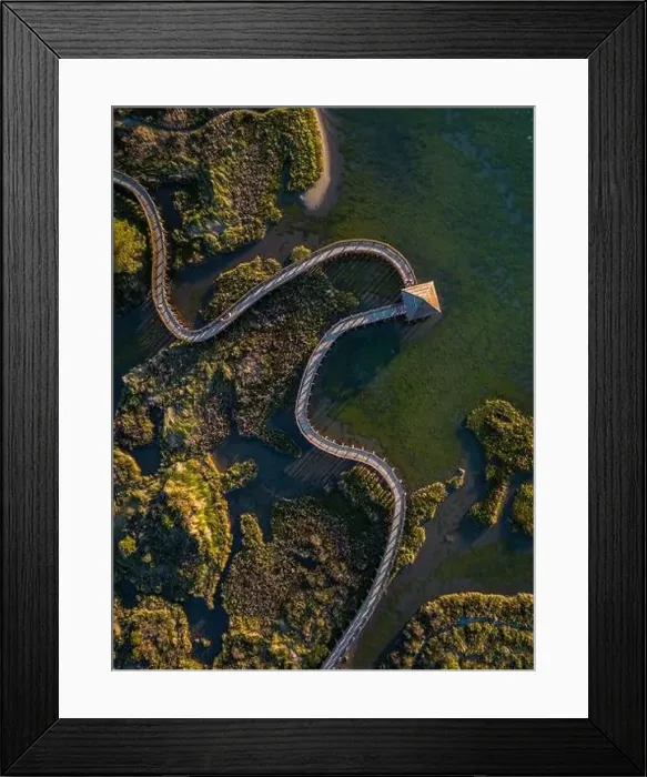 Framed Print : Top view of sea with wooden walkway - Aerial top view of wooden bridge pathway over marshy river with vegetation Framed Print : Top view of sea with wooden walkway - Aerial top view of wooden bridge pathway over marshy river with vegetation