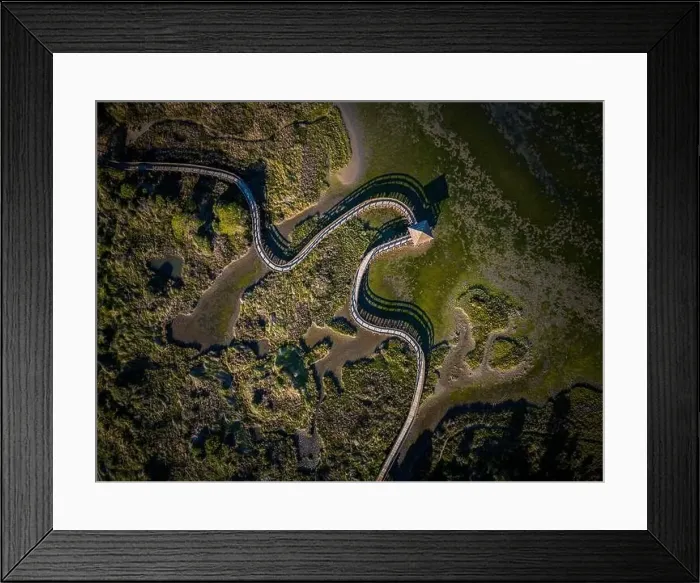 Framed Print : Top view of sea with wooden walkway - Aerial top view of wooden bridge pathway over marshy river with vegetation Framed Print : Top view of sea with wooden walkway - Aerial top view of wooden bridge pathway over marshy river with vegetation