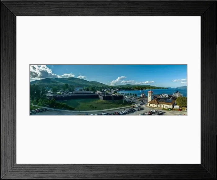 Framed Print : Panoramic aerial view of Lake George New York popular summer vacation destination with colonial wooden fort William Framed Print : Panoramic aerial view of Lake George New York popular summer vacation destination with colonial wooden fort William