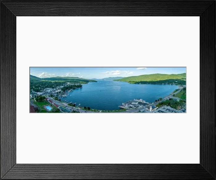 Framed Print : Panoramic aerial view of Lake George New York popular summer vacation destination with colonial wooden fort William Framed Print : Panoramic aerial view of Lake George New York popular summer vacation destination with colonial wooden fort William